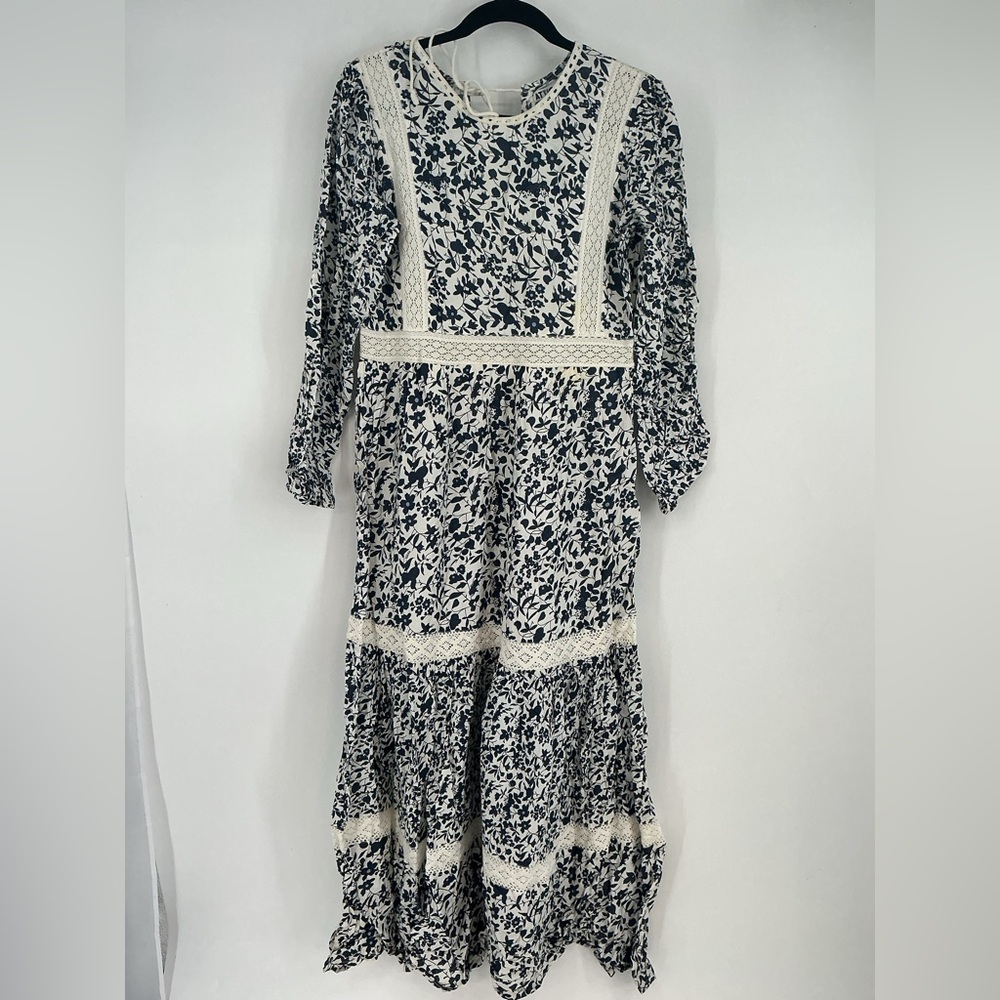 Attic Salt Blue and White Floral With Lace Panels Prairie Maxi Dress